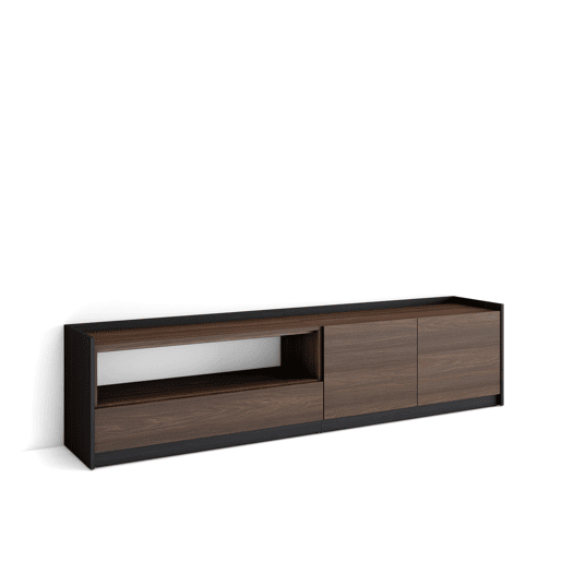 Móvel de TV, Muito espaço de arrumação, 207x37x50 cm, Para televisores até 80, Estante para TV, Estilo moderno, Carvalho escuro e Preto Móvel de TV, Muito espaço de arrumação, 207x37x50 cm, Para televisores até 80, Estante para TV, Estilo moderno, Carvalho escuro e Preto