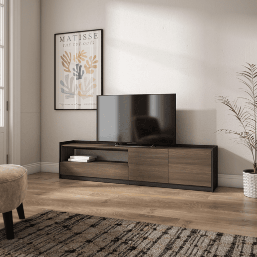 Móvel de TV, Muito espaço de arrumação, 207x37x50 cm, Para televisores até 80, Estante para TV, Estilo moderno, Carvalho escuro e Preto Móvel de TV, Muito espaço de arrumação, 207x37x50 cm, Para televisores até 80, Estante para TV, Estilo moderno, Carvalho escuro e Preto