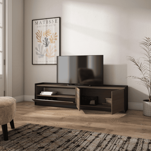 Móvel de TV, Muito espaço de arrumação, 207x37x50 cm, Para televisores até 80, Estante para TV, Estilo moderno, Carvalho escuro e Preto Móvel de TV, Muito espaço de arrumação, 207x37x50 cm, Para televisores até 80, Estante para TV, Estilo moderno, Carvalho escuro e Preto