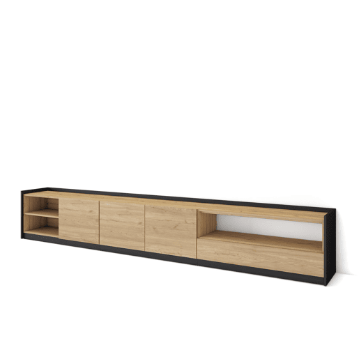Móvel de TV, Muito espaço de arrumação, 310x37x50 cm, Para televisores até 80, Estante para TV, Estilo moderno, Carvalho e preto