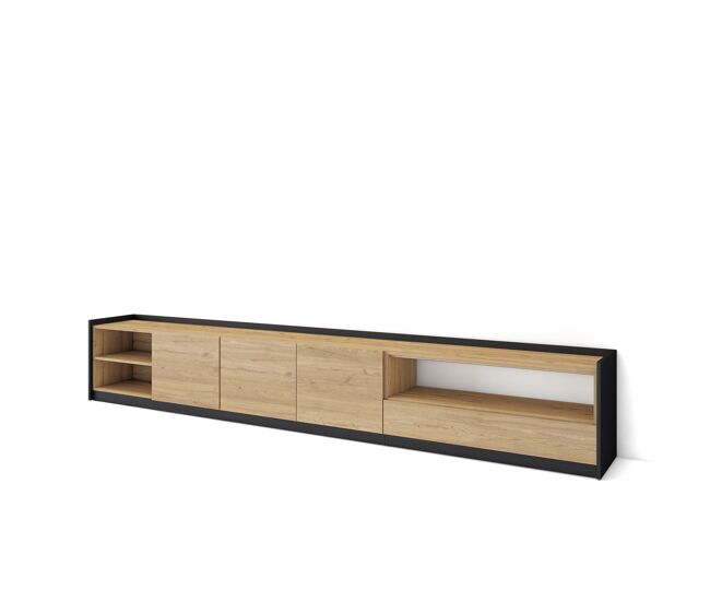 Mueble tv, televisión, muebles de salón, almacenaje, 310x37x50 cm, para tv hasta 80", con almacenamiento, estilo moderno, roble y negro