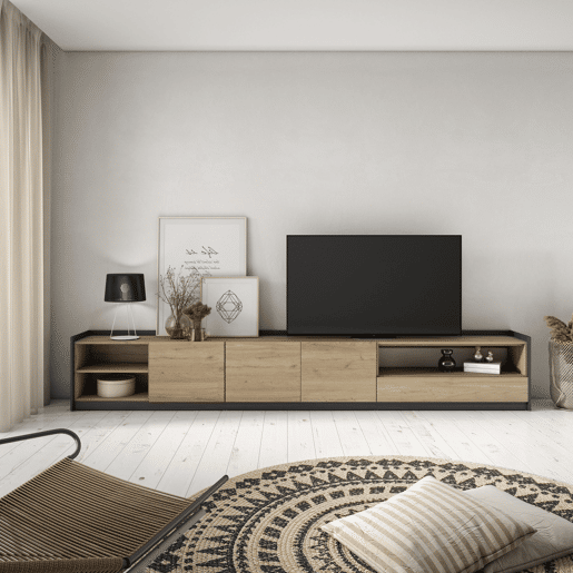 Móvel de TV, Muito espaço de arrumação, 310x37x50 cm, Para televisores até 80, Estante para TV, Estilo moderno, Carvalho e preto