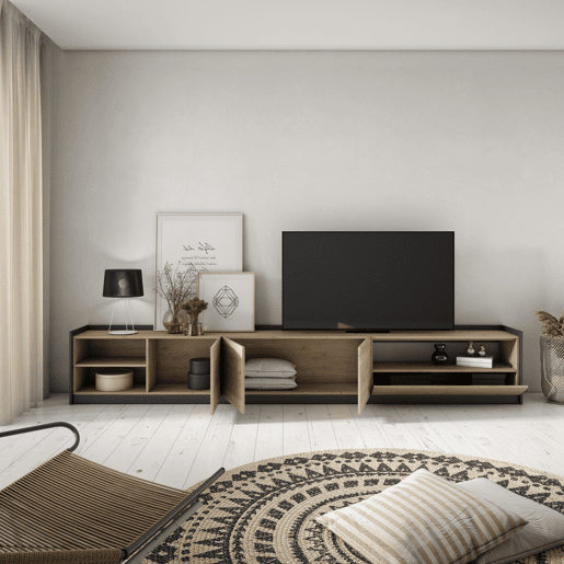 Móvel de TV, Muito espaço de arrumação, 310x37x50 cm, Para televisores até 80, Estante para TV, Estilo moderno, Carvalho e preto