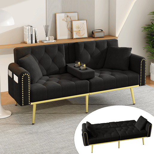 Sofá-cama dobrável 2 lugares fixa de veludo,preto