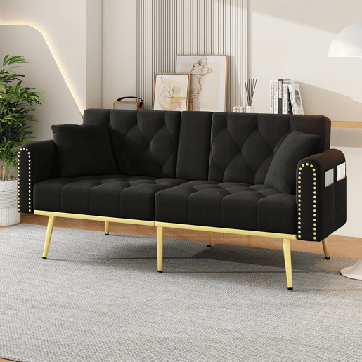 Sofá-cama dobrável 2 lugares fixa de veludo,preto