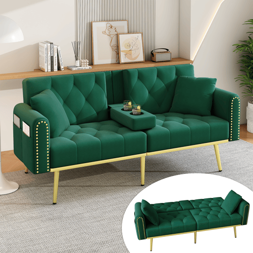 Sofá-cama dobrável 2 lugares fixa de veludo,verde