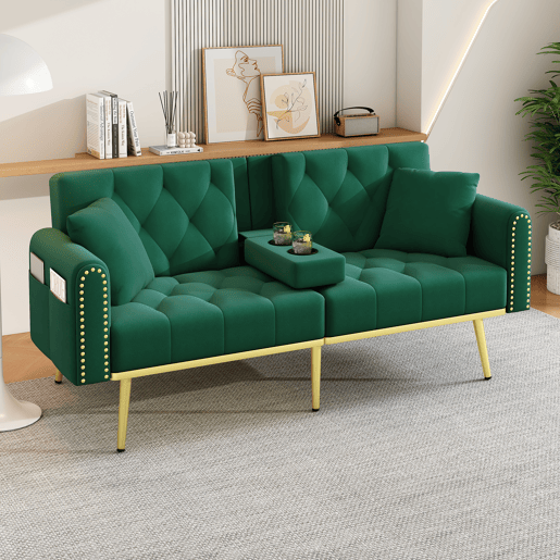 Sofá-cama dobrável 2 lugares fixa de veludo,verde