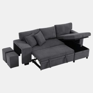 Sofá-cama 3 lugares conversível reversível de tecido com armazenamento,cinza