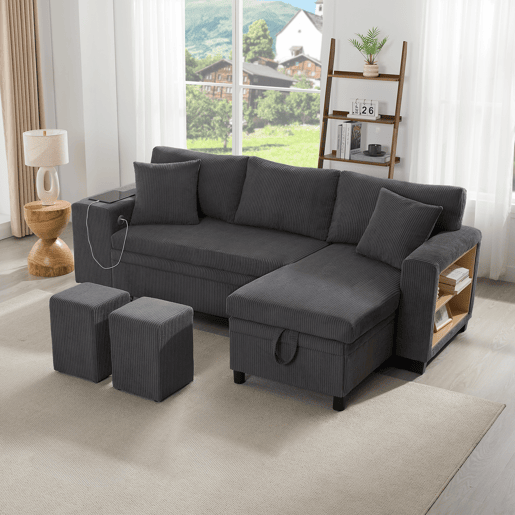 Sofá-cama 3 lugares conversível reversível de tecido com armazenamento,cinza