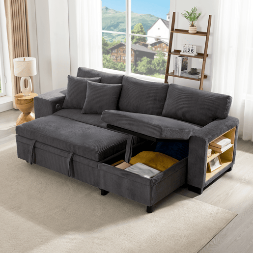 Sofá-cama 3 lugares conversível reversível de tecido com armazenamento,cinza
