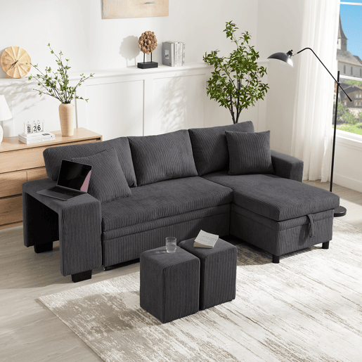 Sofá-cama 3 lugares conversível reversível de tecido com armazenamento,cinza