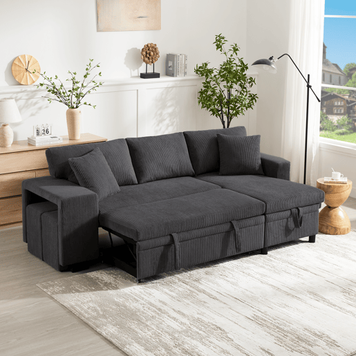 Sofá-cama 3 lugares conversível reversível de tecido com armazenamento,cinza