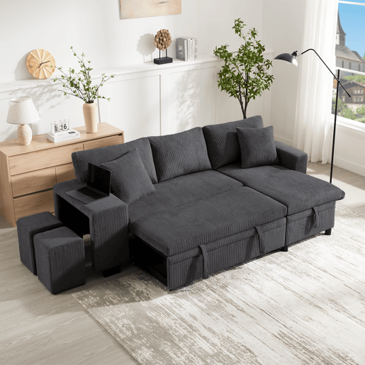 Sofá-cama 3 lugares conversível reversível de tecido com armazenamento,cinza