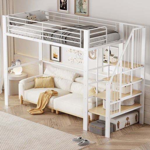Cama alta 90x200 - Estrutura metálica, grande capacidade de arrumação, escada, ideal para crianças e adultos - Branco