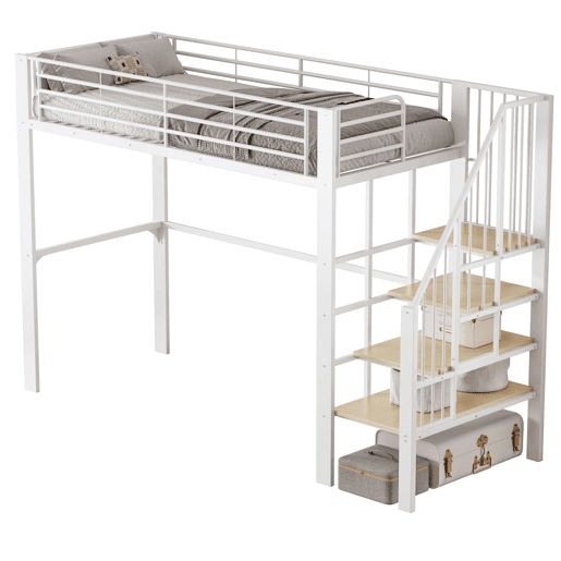Cama alta 90x200 - Estrutura metálica, grande capacidade de arrumação, escada, ideal para crianças e adultos - Branco