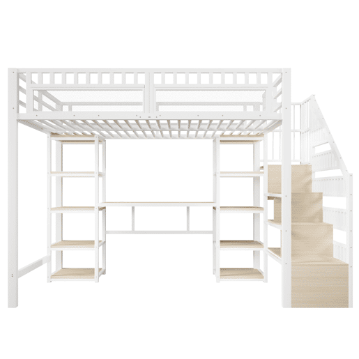 Cama alta 140x200 cm - Estrutura metálica, secretária, prateleira, LED, USB, sem colchão - Branco