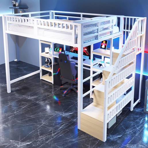 Cama alta 140x200 cm - Estrutura metálica, secretária, prateleira, LED, USB, sem colchão - Branco