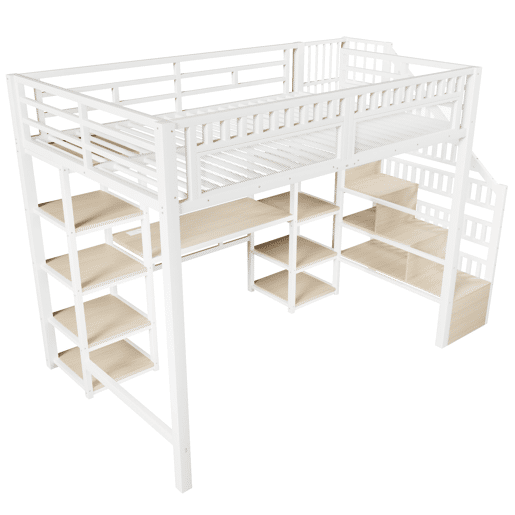 Cama alta 140x200 cm - Estrutura metálica, secretária, prateleira, LED, USB, sem colchão - Branco