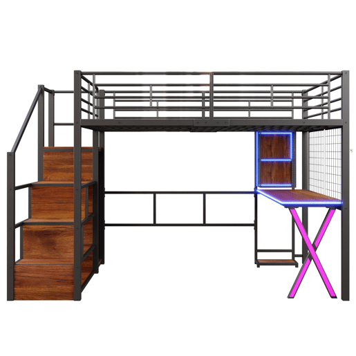 Cama alta 140x200 cm - Com LED, escada de arrumação, secretária, armário, prateleiras - Preto