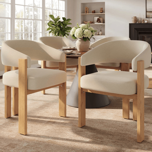Cadeira de jantar ergonómica (4 unidades) u2013 estofada, pés em ferro, design em madeira u2013 bege, natural Cadeira de jantar ergonómica (4 unidades) u2013 estofada, pés em ferro, design em madeira u2013 bege, natural
