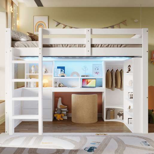 Cama alta 140x200 cm - Com LED, armário, secretária, gavetas, sem colchão - Branco Cama alta 140x200 cm - Com LED, armário, secretária, gavetas, sem colchão - Branco