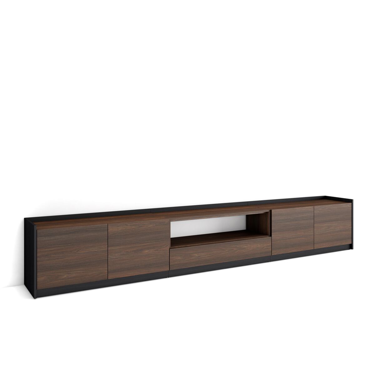 Mueble tv, televisión, muebles de salón, almacenaje, 310x37x50 cm, para tv hasta 80", con almacenamiento, estilo moderno, roble oscuro y negro