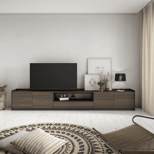 Móvel de TV, Muito espaço de arrumação, 310x37x50 cm, Para televisores até 80, Estante para TV, Estilo moderno, Carvalho escuro e Preto Móvel de TV, Muito espaço de arrumação, 310x37x50 cm, Para televisores até 80, Estante para TV, Estilo moderno, Carvalho escuro e Preto