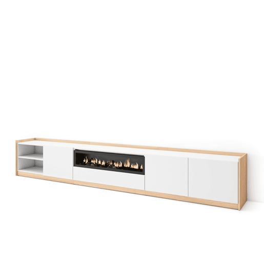 Móvel de TV, Muito espaço de arrumação, 310x37x50 cm, Para televisores até 80, Lareira eléctrica, Estilo moderno, Branco e Carvalho soft Móvel de TV, Muito espaço de arrumação, 310x37x50 cm, Para televisores até 80, Lareira eléctrica, Estilo moderno, Branco e Carvalho soft