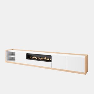 Móvel de TV, Muito espaço de arrumação, 310x37x50 cm, Para televisores até 80, Lareira eléctrica, Estilo moderno, Branco e Carvalho soft