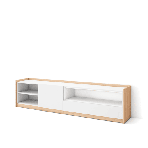 Móvel de TV, Muito espaço de arrumação, 207x37x50 cm, Para televisores até 80, Estante para TV, Estilo moderno, Branco e Carvalho soft