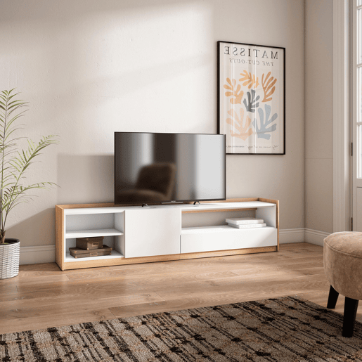 Móvel de TV, Muito espaço de arrumação, 207x37x50 cm, Para televisores até 80, Estante para TV, Estilo moderno, Branco e Carvalho soft