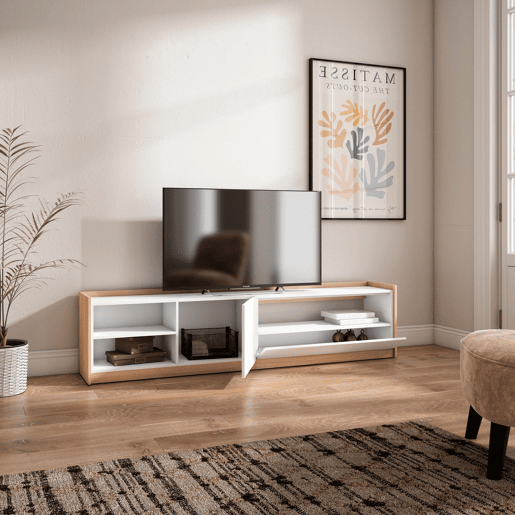 Móvel de TV, Muito espaço de arrumação, 207x37x50 cm, Para televisores até 80, Estante para TV, Estilo moderno, Branco e Carvalho soft