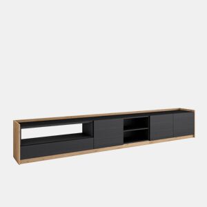 Móvel de TV, Muito espaço de arrumação, 310x37x50 cm, Para televisores até 80, Estante para TV, Estilo moderno, Preto e Carvalho