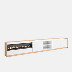 Móvel de TV, Muito espaço de arrumação, 310x37x50 cm, Para televisores até 80, Lareira eléctrica, Estilo moderno, Branco e Carvalho soft
