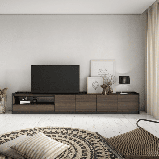 Móvel de TV, Muito espaço de arrumação, 310x37x50 cm, Para televisores até 80, Estante para TV, Estilo moderno, Carvalho escuro e Preto Móvel de TV, Muito espaço de arrumação, 310x37x50 cm, Para televisores até 80, Estante para TV, Estilo moderno, Carvalho escuro e Preto