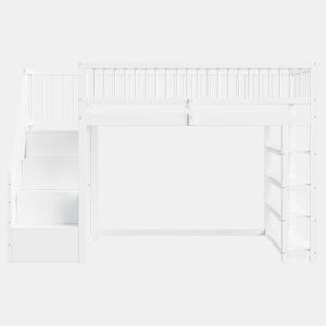 Cama alta em madeira maciça 90x200 cm - design seguro com grades altas, armário, prateleiras e espaço de arrumação com escada segura - branco