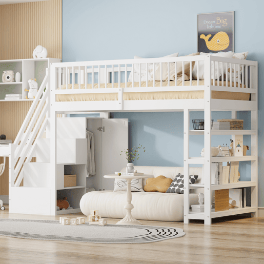 Cama alta em madeira maciça 90x200 cm - design seguro com grades altas, armário, prateleiras e espaço de arrumação com escada segura - branco