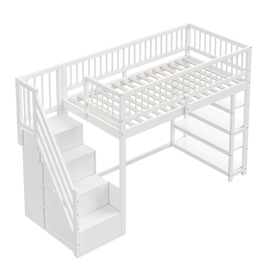 Cama alta em madeira maciça 90x200 cm - design seguro com grades altas, armário, prateleiras e espaço de arrumação com escada segura - branco