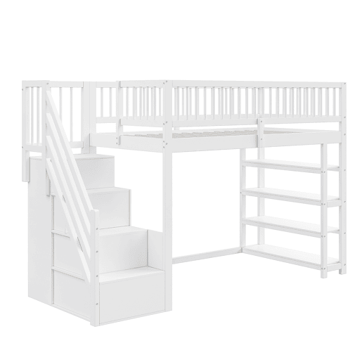 Cama alta em madeira maciça 90x200 cm - design seguro com grades altas, armário, prateleiras e espaço de arrumação com escada segura - branco