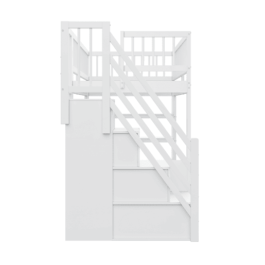 Cama alta em madeira maciça 90x200 cm - design seguro com grades altas, armário, prateleiras e espaço de arrumação com escada segura - branco