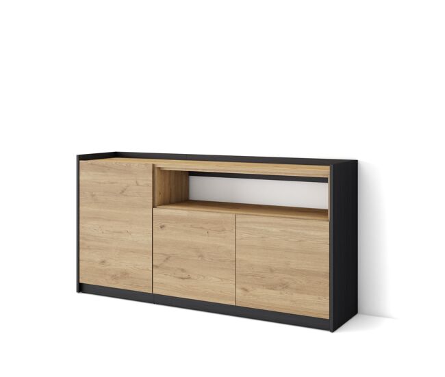 Aparador para salón, gran capacidad de almacenaje, 156x37x80 cm, 3 puertas, armario, zapatero, estilo moderno, roble y negro