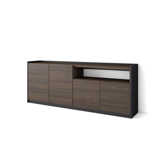Aparador para salón, gran capacidad de almacenaje, 207x37x80 cm, 4 puertas, armario, zapatero, estilo moderno, roble oscuro y negro