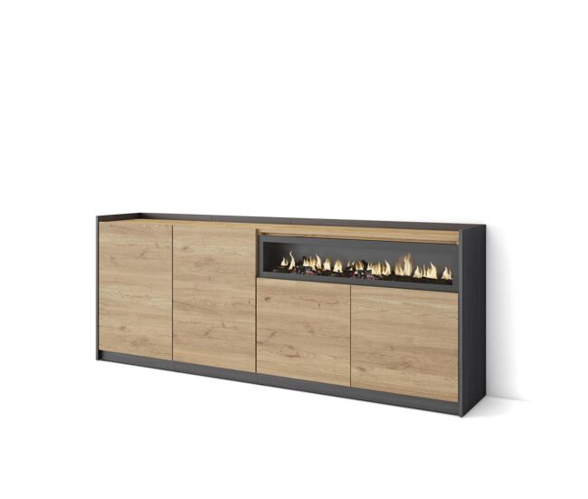 Aparador para salón, gran capacidad de almacenaje, 207x37x80 cm, 4 puertas, chimenea eléctrica, estilo moderno, roble y negro