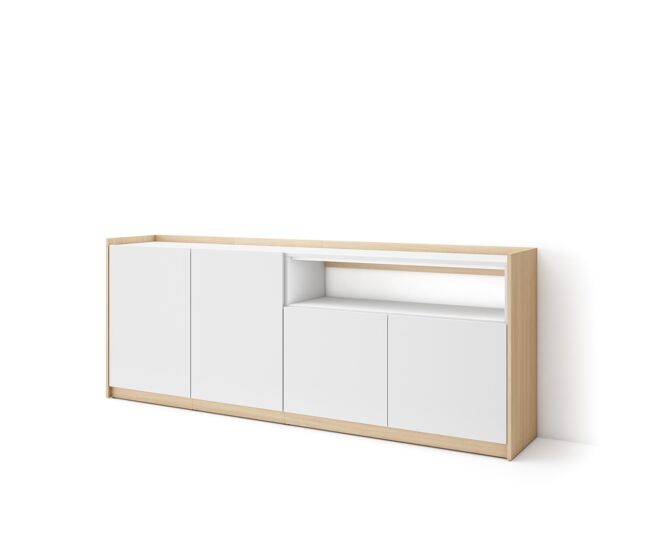 Aparador para salón, gran capacidad de almacenaje, 207x37x80 cm, 4 puertas, armario, zapatero, estilo moderno, blanco y roble soft