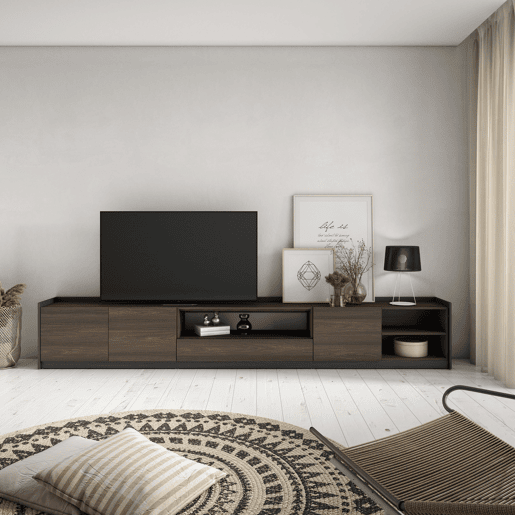 Móvel de TV, Muito espaço de arrumação, 310x37x50 cm, Para televisores até 80, Estante para TV, Estilo moderno, Carvalho escuro e Preto Móvel de TV, Muito espaço de arrumação, 310x37x50 cm, Para televisores até 80, Estante para TV, Estilo moderno, Carvalho escuro e Preto