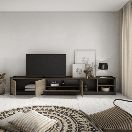 Móvel de TV, Muito espaço de arrumação, 310x37x50 cm, Para televisores até 80, Estante para TV, Estilo moderno, Carvalho escuro e Preto Móvel de TV, Muito espaço de arrumação, 310x37x50 cm, Para televisores até 80, Estante para TV, Estilo moderno, Carvalho escuro e Preto