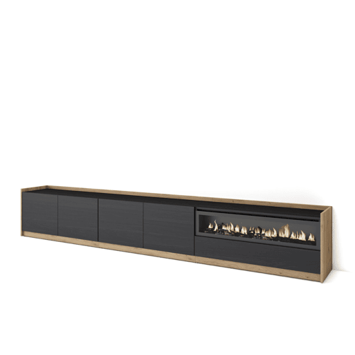 Móvel de TV, Muito espaço de arrumação, 310x37x50 cm, Para televisores até 80, Lareira eléctrica, Estilo moderno, Preto e Carvalho