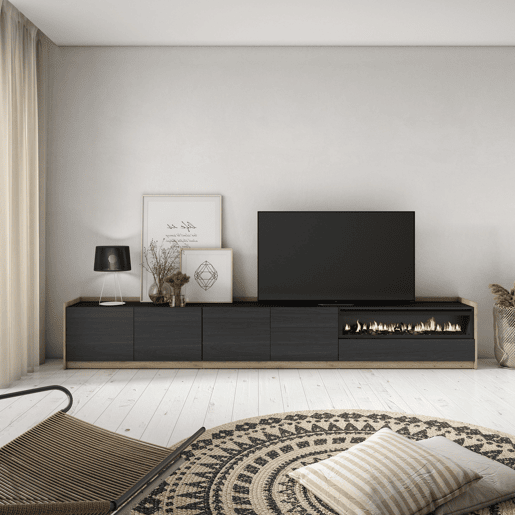 Móvel de TV, Muito espaço de arrumação, 310x37x50 cm, Para televisores até 80, Lareira eléctrica, Estilo moderno, Preto e Carvalho