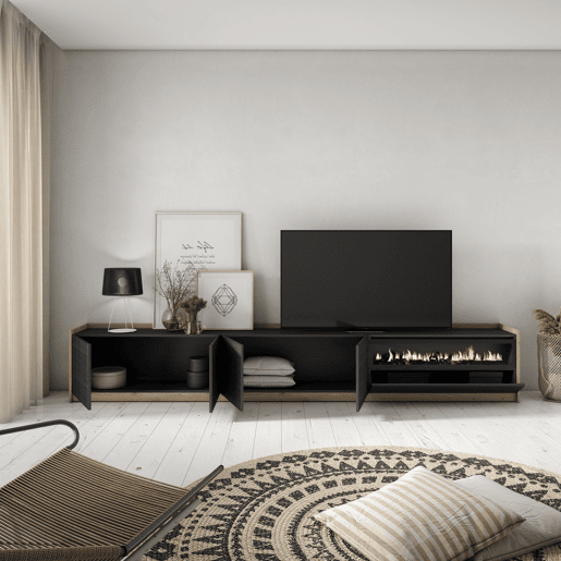 Móvel de TV, Muito espaço de arrumação, 310x37x50 cm, Para televisores até 80, Lareira eléctrica, Estilo moderno, Preto e Carvalho