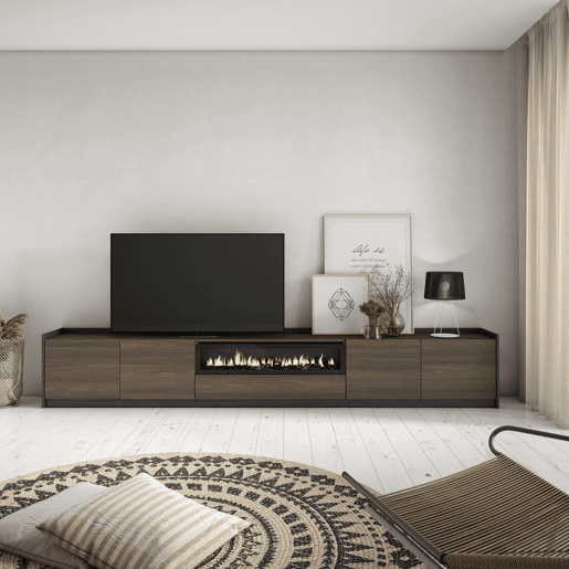 Móvel de TV, Muito espaço de arrumação, 310x37x50 cm, Para televisores até 80, Lareira eléctrica, Estilo moderno, Carvalho escuro e Preto Móvel de TV, Muito espaço de arrumação, 310x37x50 cm, Para televisores até 80, Lareira eléctrica, Estilo moderno, Carvalho escuro e Preto